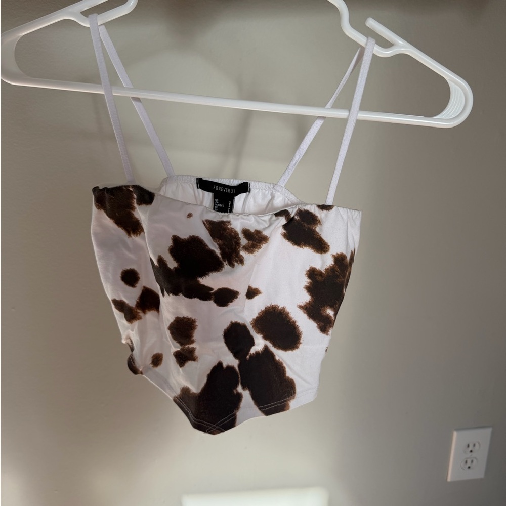 Forever 21 Brown & White Cow Print Spaghetti Strap Crop Top